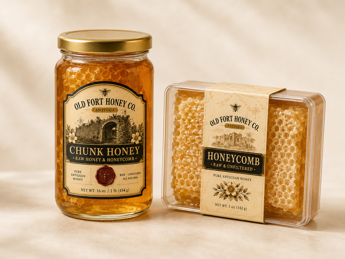 Old Fort Honey Co. Chunk Honey jar and Honeycomb Square packaging