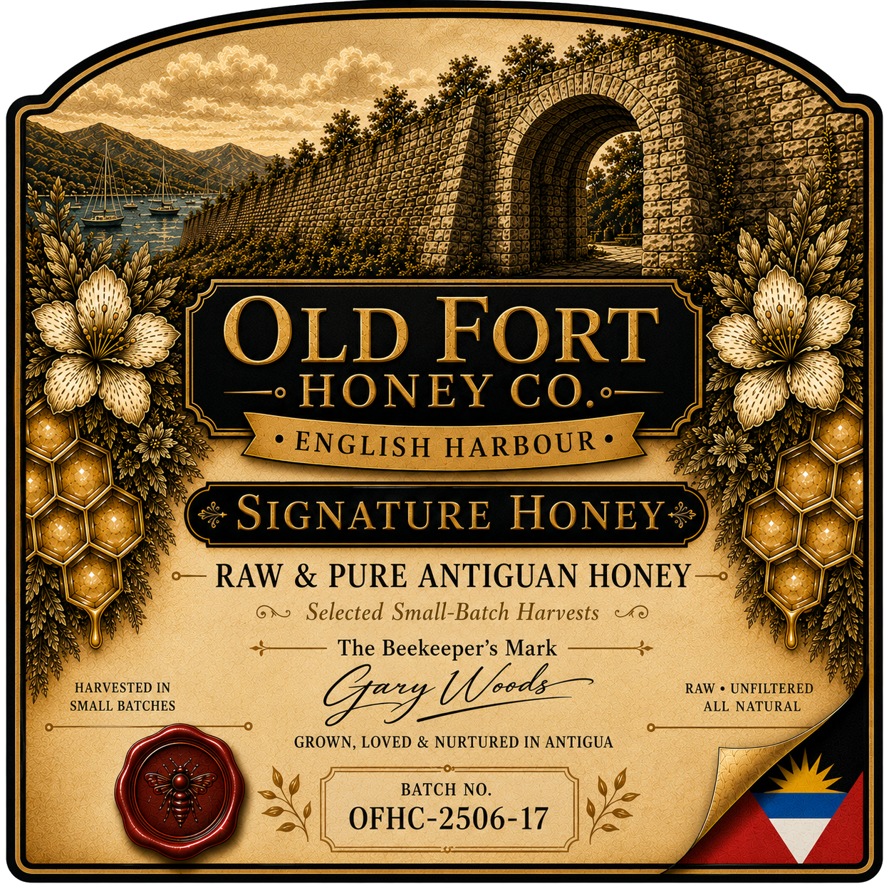 Old Fort Honey Co. English Harbour Signature Honey label artwork